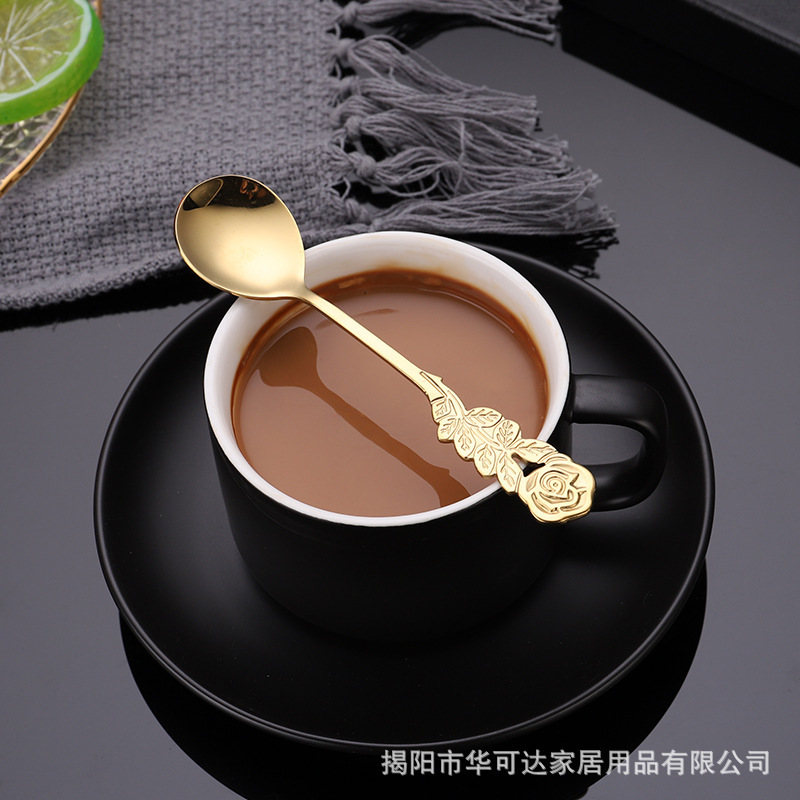 304不锈钢创意玫瑰花勺叉甜品糕点勺子叉子精致咖啡搅拌勺水果叉|undefined