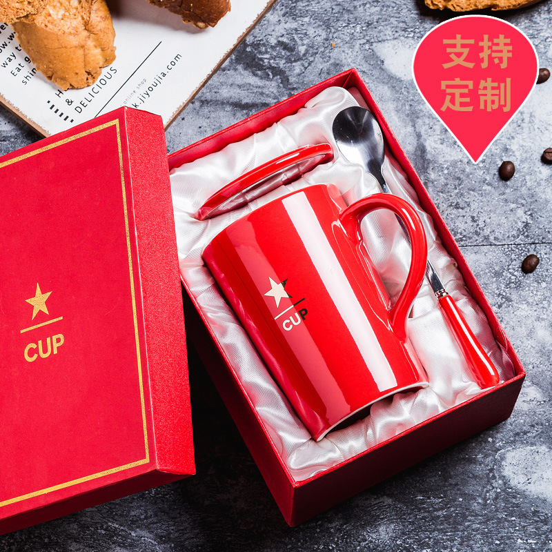 Taza de cerámica Taza de café Taza publicitaria Taza de agua con tapa Cuchara Caja de regalo Taza impresa Regalo LOGO