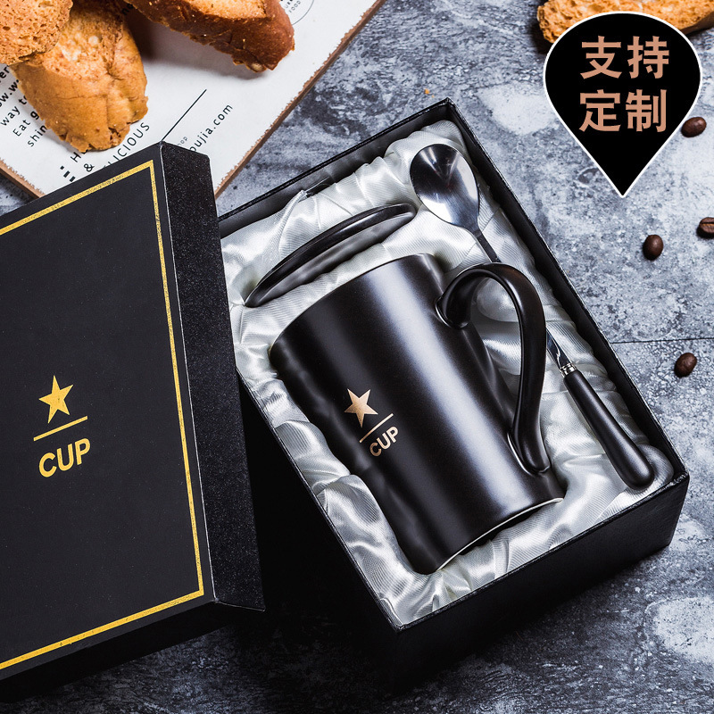 Taza de cerámica Taza de café Taza publicitaria Taza de agua con tapa Cuchara Caja de regalo Taza impresa Regalo LOGO