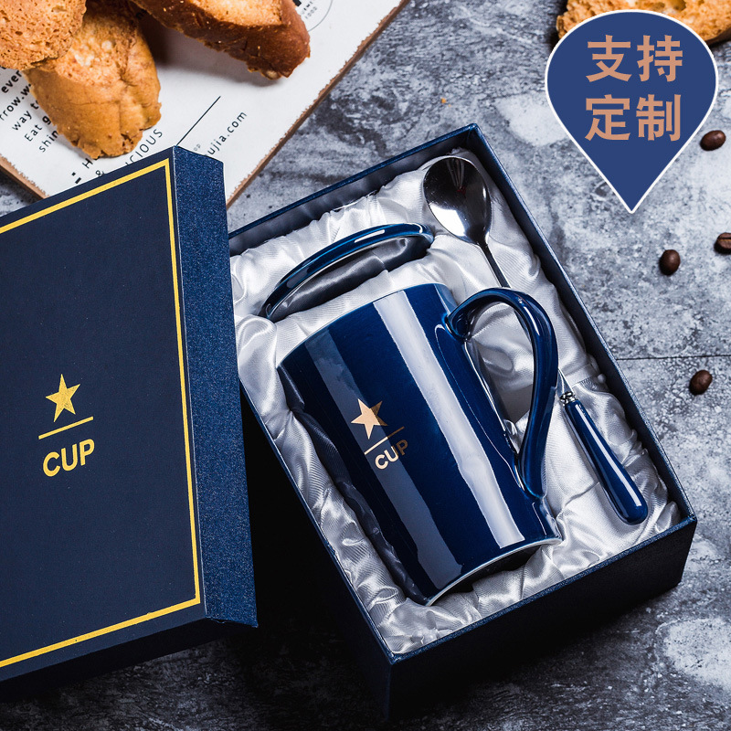 Taza de cerámica Taza de café Taza publicitaria Taza de agua con tapa Cuchara Caja de regalo Taza impresa Regalo LOGO