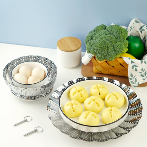 Household stainless steel folding steamer, multifunctional egg steaming rack, telescopic handle, steamer, versatile steaming tray, color box