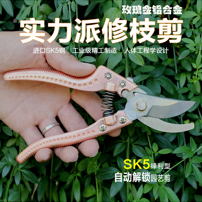 园林工具省力修枝剪金属柄玫瑰金铝合金自动解锁园艺剪定铗果枝剪