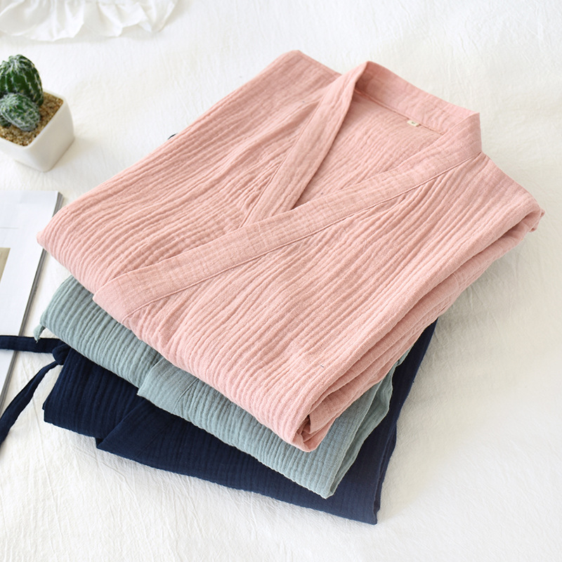 Pareja camisón tejido de algodón de doble capa de gasa para hombres y mujeres Bata para el hogar más el tamaño de pijamas lavados de hilo de algodón Albornoz crepe Delgado