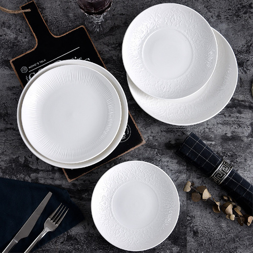 Nordic style embossed Western steak plate tableware simple ins ceramic plate white round plate hotel home use