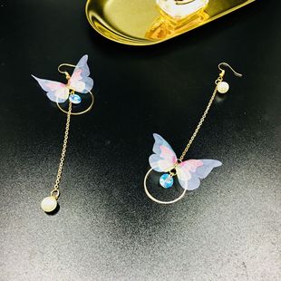 B039 Elegant Butterfly Long Pearl Tassel Earrings Fashion Asymmetric Earrings Korean Circle Wings Ear Jewelry