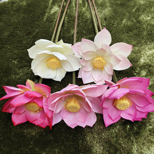 Single lotus lotus leaf lotus puffy lotus simulation flower single support for Buddha temple home decoration lotus sleep lily wholesale