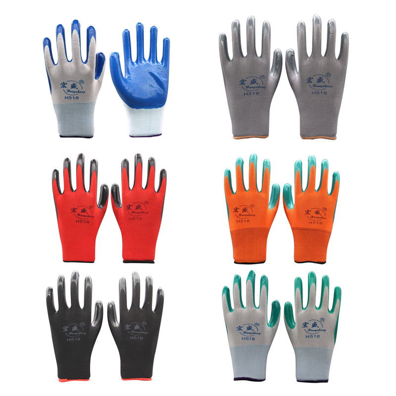 N518 guantes de protección laboral de nylon nitrilo impregnado guantes de trabajo antideslizantes resistentes al desgaste para el sitio de construcción al por mayor