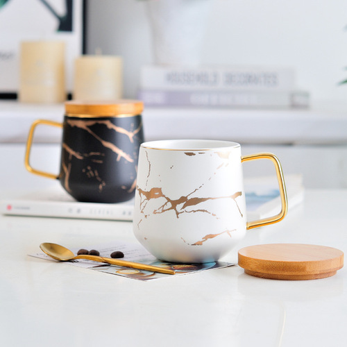 Nordic Ceramic Coffee Cup Mug Marble Pattern Home Water Cup Breakfast Cup with Lid and Spork Creative Cup Plate