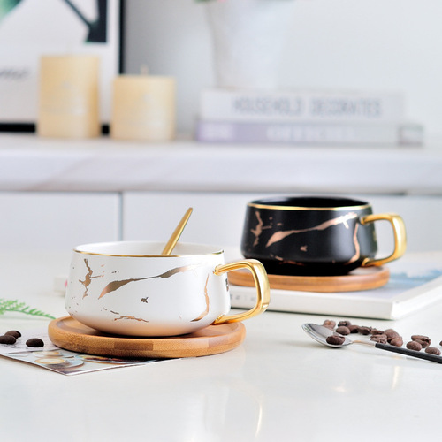 Nordic Ceramic Coffee Cup Mug Marble Pattern Home Water Cup Breakfast Cup with Lid and Spork Creative Cup Plate