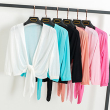 夏季女装薄款针织开衫纯色绑带防晒开衫小披肩七分袖空调衫小坎肩