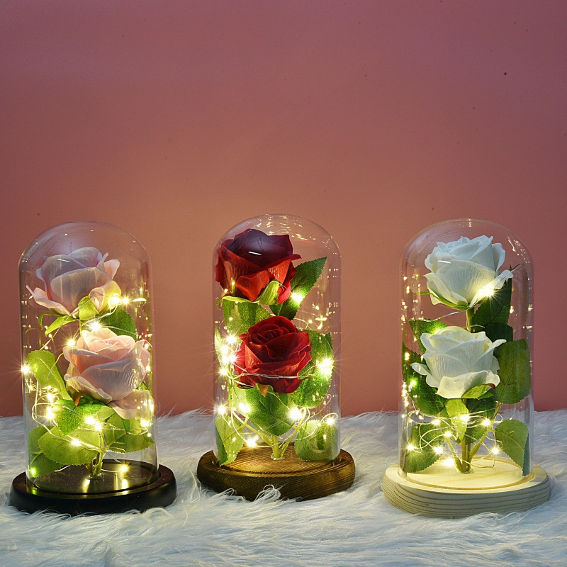 跨境节日礼物情人节仿真绒布玫瑰花厂家led小夜灯现货饰品玻璃