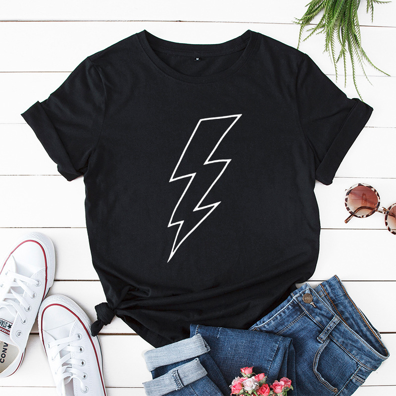 Spot wish ebay foreign trade Amazon explosions European and American women's loose lightning graphics round neck short sleeve t-shirt women