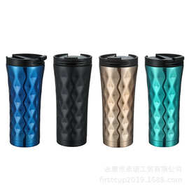 定制菱形喇叭杯 304保温杯 双层不锈钢渐变咖啡杯 创意随手咖啡杯