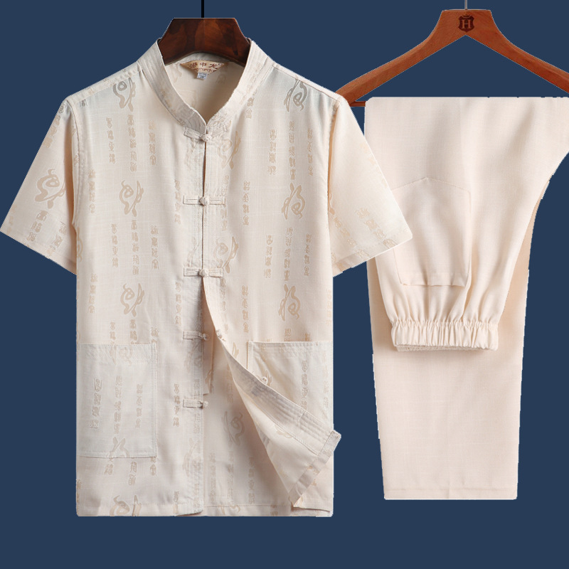 Chinoiserie Men's Suit Layman's Clothing Middle-Aged and Elderly Linen Tang Suit Summer Short-Sleeved Ethnic Chinese Han Dynasty Cotton and Linen Shirt
