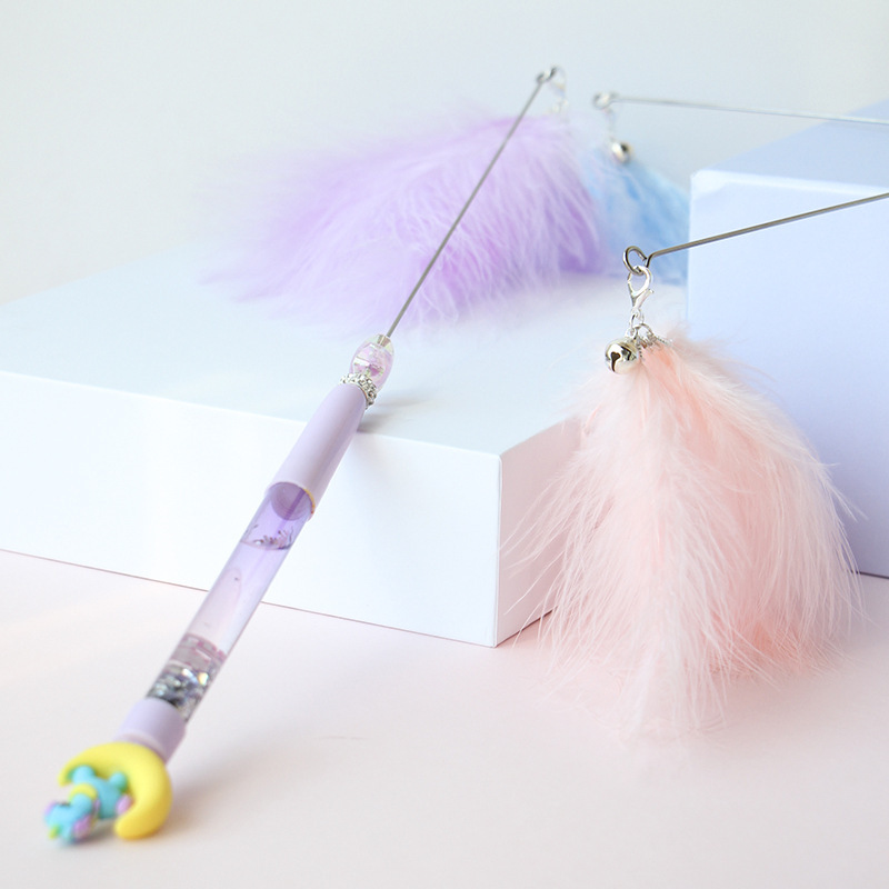 Cartoon Rocking Horse Moon-Shaped Handle Cat Teaser Stick Wholesale Colorful Beads Feather Toy to Prevent Cats from Scratching Pet Cat Self-Entertainment Toy
