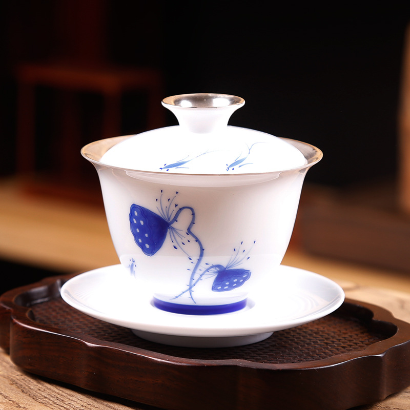 Blue and white tea cup, tea set, enamel