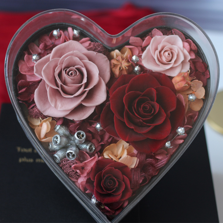 Flor eterna acrílica en forma de corazón, un regalo para tu novia en el Día de San Valentín chino, rosa eterna.