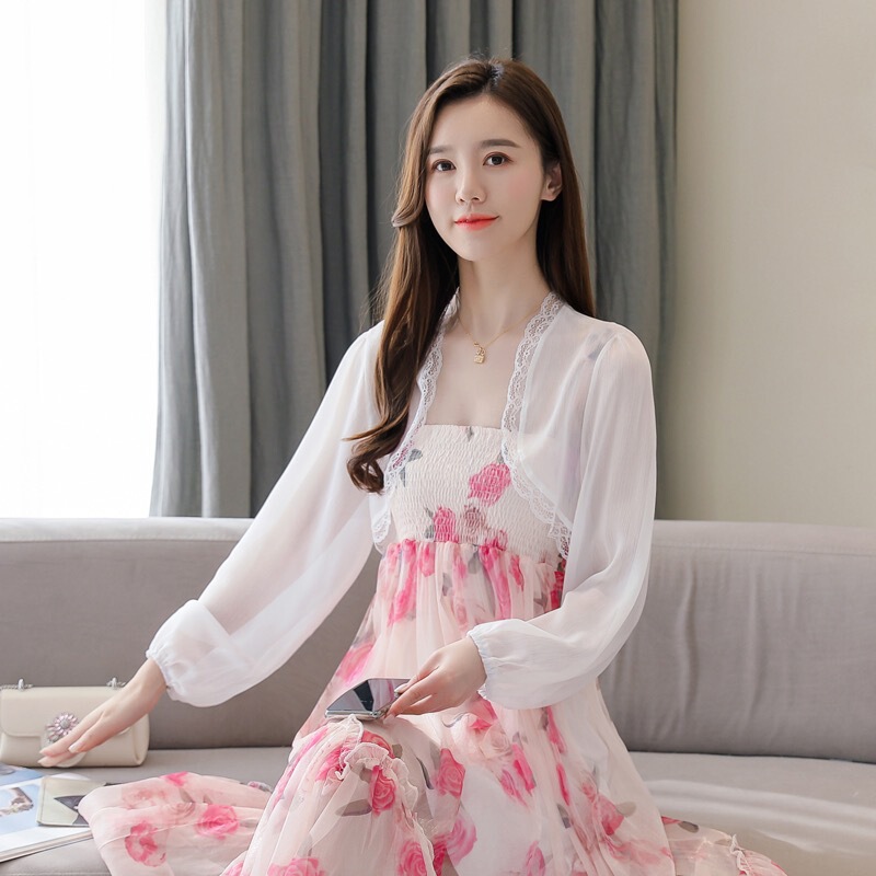 Shawl Women's Summer Top with Skirt Chiffon Sun Protection Cardigan Women's Summer Thin Short Lace Jacket