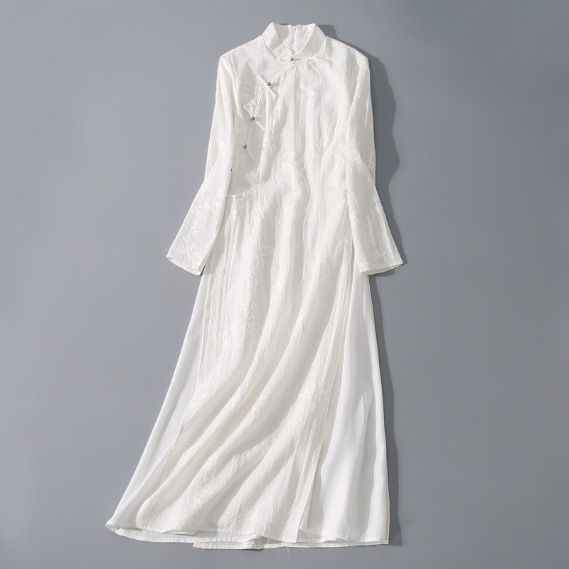 Chan Tea Spring Summer Vintage Dress Clear Color Collar Imitation Handmade Embroidered Jacquard Linen Loose Large Dress Chan Tea Spring Summer Vintage Dress Clear Color Collar Imitation Handmade Embroidered Jacquard Linen Loose Large Dress