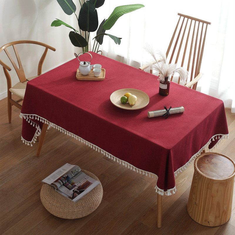 锁美INS北欧桌布纯色素色仿棉麻流苏花边几何长方形餐桌茶几台布