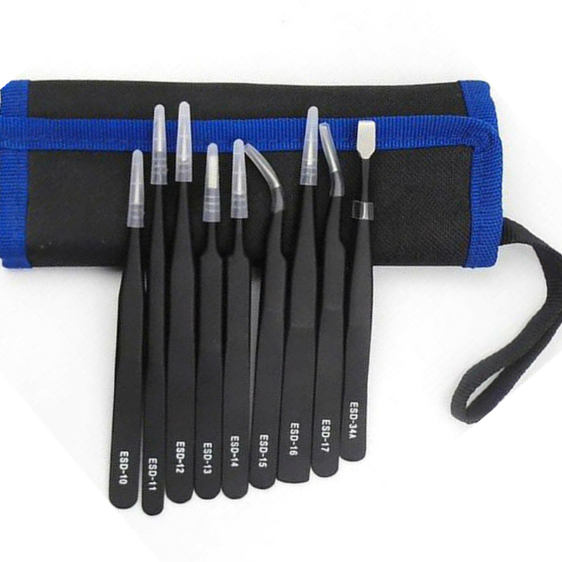 9件套直边镊子帆布袋套装 不锈钢镊子黑色直头弯头 电子工具
