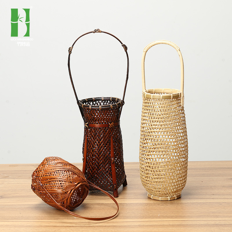 Cesta de flores de mano de bambú cesta de flores secas cesta de almacenamiento tejida artesanal ratán sala de estar decoración flor fábrica al por mayor