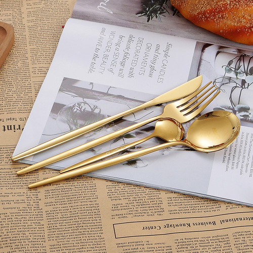 Baichuan stainless steel tableware steak knife and fork, glossy Portuguese six-piece dessert spoon and fork, golden coffee spoon