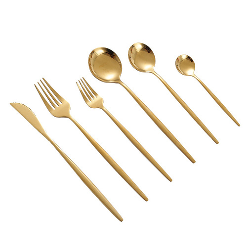 Baichuan stainless steel tableware steak knife and fork, glossy Portuguese six-piece dessert spoon and fork, golden coffee spoon