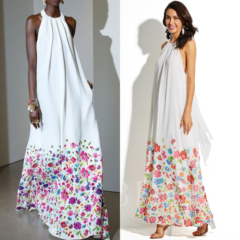 2025 New Ebay Amazon European and American Print Sleeveless Halter Sexy Swing Pleated Dress Evening Dress