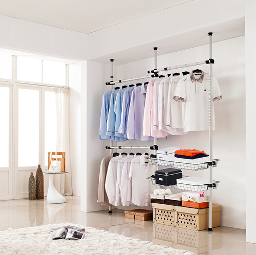 Floor-to-ceiling open wardrobe indoor multi-functional retractable clothes hanger without drilling installation simple coat rack