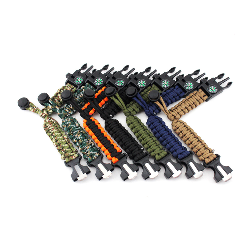 Supervivencia de emergencia al aire libre paraguas cuerda tejida pulsera de campo táctico silbato brújula Flint pulsera ajustable