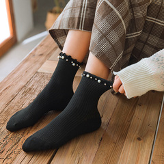 Spring and Summer New Women's Socks, Japanese Wood Ear Edge Pearl Socks, Fashion Vertical Striped Mid-Calf Embroidered Cotton Socks Wholesale