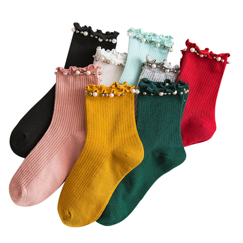 Spring and Summer New Women's Socks, Japanese Wood Ear Edge Pearl Socks, Fashion Vertical Striped Mid-Calf Embroidered Cotton Socks Wholesale