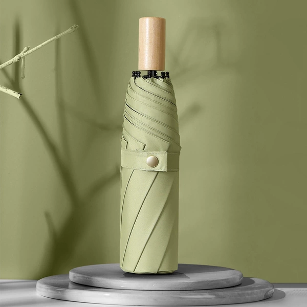 Triple folding hand -boiled small wooden handles plain vinyl matcha green