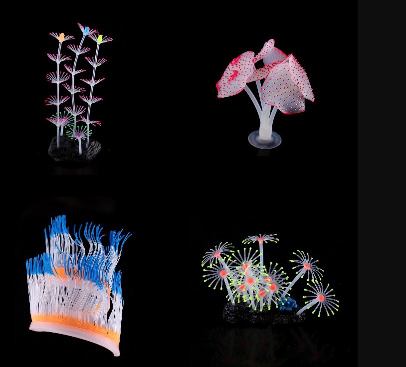 Acuario decoración coral suave silicona coral brillante setas brillante coral decoración tanque de peces decoración 4-pieza conjunto