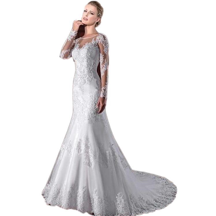 Foreign Trade Hot 2024 New Round Neck Long Sleeve Large Backless Elegant Slim Lace Small Tail Fishtail Wedding Dress Travel Photography