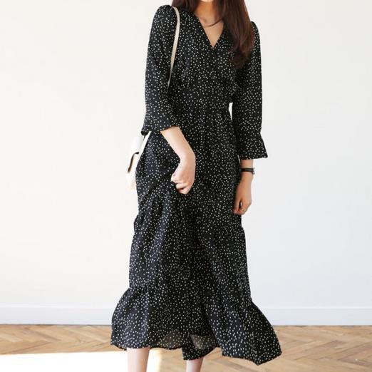 2024 Micro-Flared Sleeves V Neck Polka Dot Elegant Long Dress