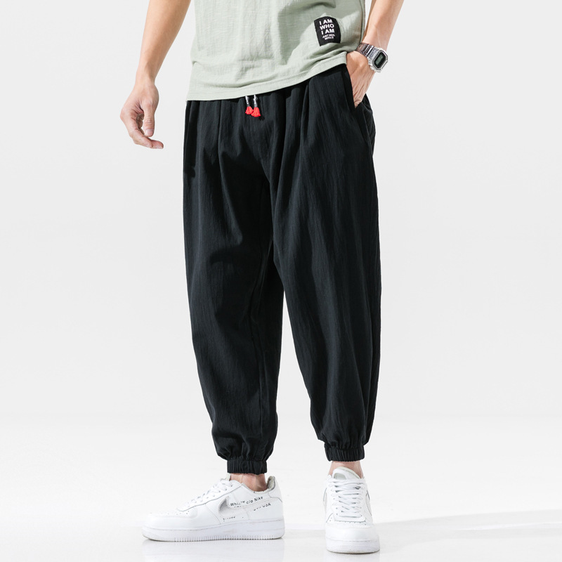 2024 Spring and Summer New Japanese Style Large Size Men's Cotton and Linen Loose Large Size Solid Color Thin Casual Pants Nine-Point Pants
