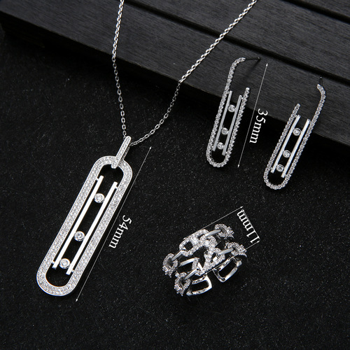 Set of S925 Silver Needles, European Style Diamond Stud Earrings with Copper-Hammered Hoop, Exaggerated Earrings, Necklace, and Ring