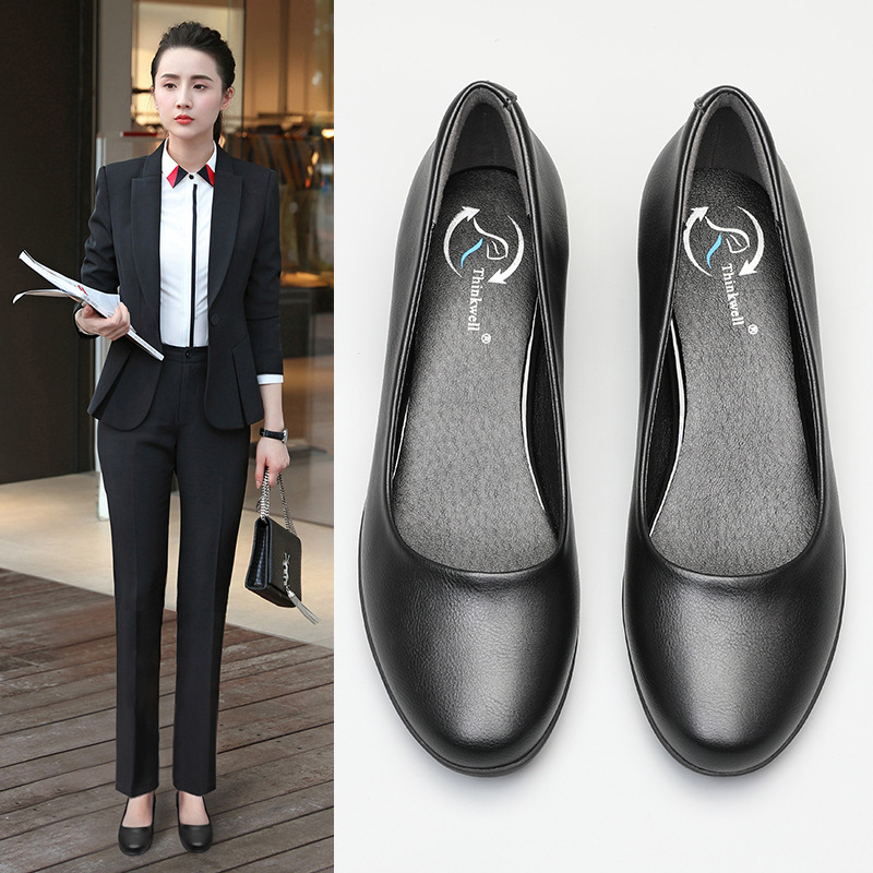 Work Shoes Women's Black Leather Shoes 2024 New Thick Heel Round Toe Shallow Mouth Spring & Fall Flats Large Size Small Size Women's Shoes