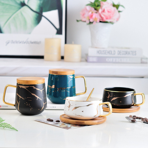 Nordic Ceramic Coffee Cup Mug Marble Pattern Home Water Cup Breakfast Cup with Lid and Spork Creative Cup Plate