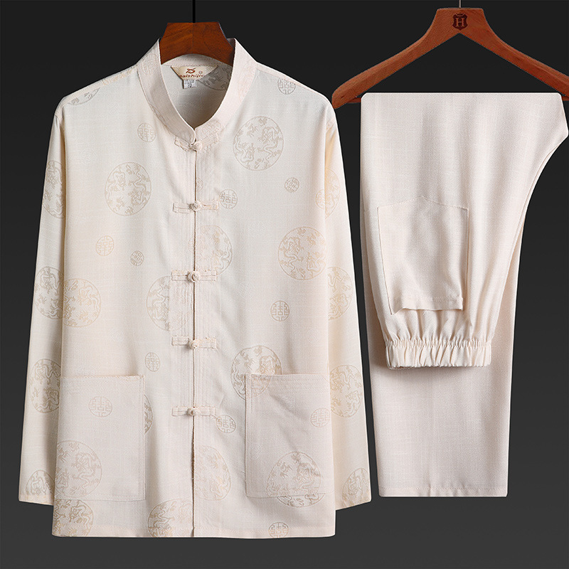 Chinese Style Men's Clothing for Middle-Aged and Elderly Men, Tang Suit, Long-Sleeved Suit, Cotton and Linen Ethnic Clothing, Layman's Clothing