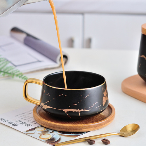 Nordic Ceramic Coffee Cup Mug Marble Pattern Home Water Cup Breakfast Cup with Lid and Spork Creative Cup Plate