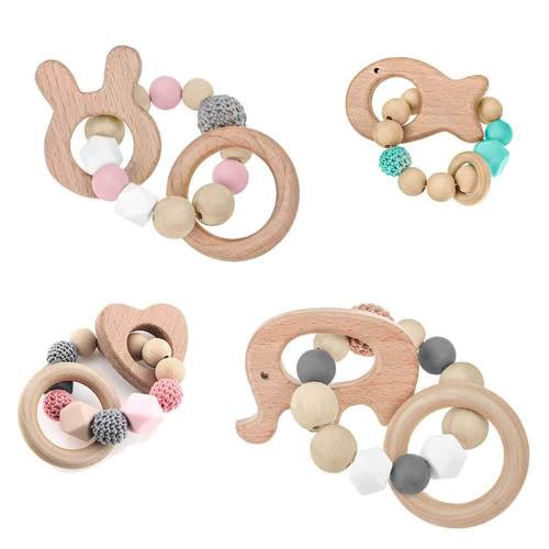 Amazon's best-selling baby beech wood teething stick wooden cartoon animal teether diy pacifier chain accessories
