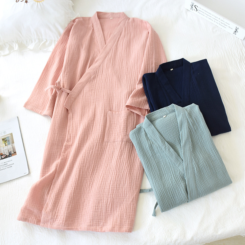 Pareja camisón tejido de algodón de doble capa de gasa para hombres y mujeres Bata para el hogar más el tamaño de pijamas lavados de hilo de algodón Albornoz crepe Delgado