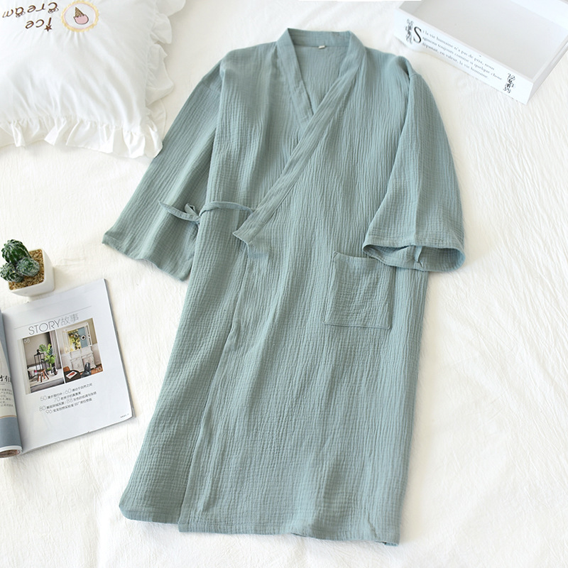 Pareja camisón tejido de algodón de doble capa de gasa para hombres y mujeres Bata para el hogar más el tamaño de pijamas lavados de hilo de algodón Albornoz crepe Delgado