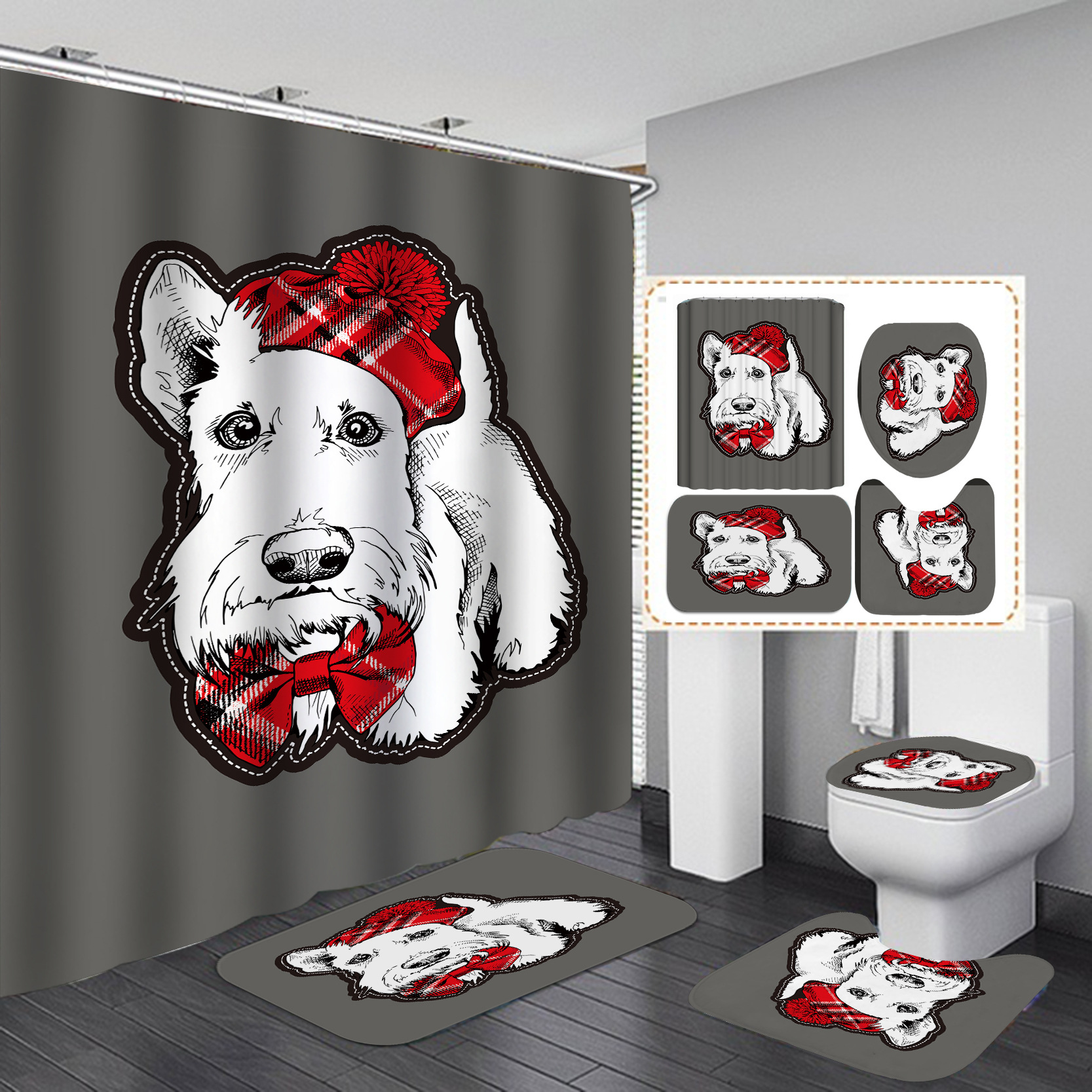 Transfronterizo Amazon suministro directo Impresión digital impermeable poliéster baño imagen simple perro ducha cortina fábrica suministro directo Cortina de ducha al por mayor
