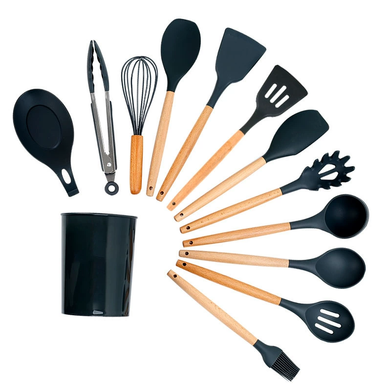 Silicone kitchenware set with beech wood handles, storage container, 11/12 pcs options
