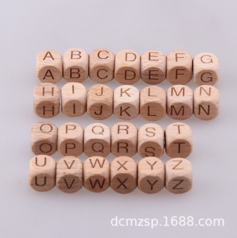 Beech 26 English letter beads 1.2cm with holes square loose beads environmental protection Beech diy baby molars toy accessories