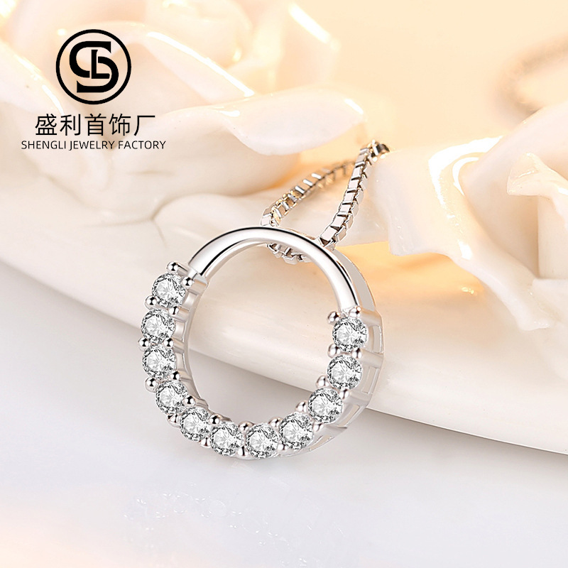S925 plata esterlina anillo redondo ZIRCON pequeña cadena colgante de las mujeres estilo coreano simple corto clavícula collar